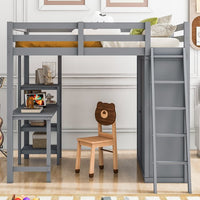 Full Size Loft Bed with Desk and Wardrobe, Solid Wood Loft Bed Frame with Inclined Ladder and Full-Length Guardrail, Loft Bed with Desk and Storage for Kids Teens Girls Boys Bedroom Dorm, Gray
