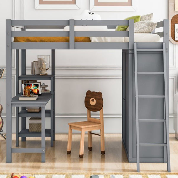 Full Size Loft Bed with Desk and Wardrobe, Solid Wood Loft Bed Frame with Inclined Ladder and Full-Length Guardrail, Loft Bed with Desk and Storage for Kids Teens Girls Boys Bedroom Dorm, Gray