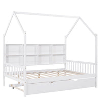 Full Size House Bed with Trundle and Shelf, Wood Daybed Frame with Roof Design, Platform Bed with Headboard and Footboard, No Box Spring Needed, White