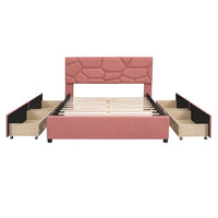 Upholstered Platform Bed with 4 Storage Drawers, Full Size Storage Platform Bed Frame with Brick Pattern Heardboard and Wood Slats Support for Bedroom Dorm Apartment, No Box Spring Needed, Pink