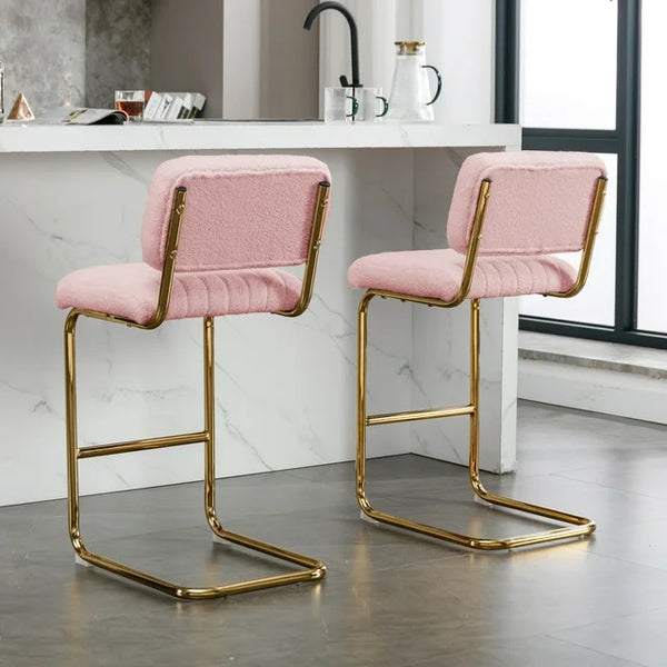 Mid-Century Modern Counter Height Bar Stools Set of 2, Upholstered Boucle Fabric Counter Stools, Armless Bar Chairs with Gold Metal Chrome Base for Kitchen Bar Dining Room, Pink