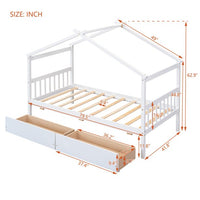 Twin Size House Bed Frame, Wood Platform Bed with 2 Drawers, Decorative Canopy Bed Top, Sturdy Frame Wood Legs Supprot, No Box Spring Needed, White