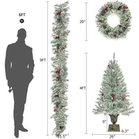 Pre-lit Artificial Xmas Tree Christmas 4-Piece Set, Christmas Garland, Wreath and Set of 2 Entrance Trees X-mas with LED Lights, Christmas Tree Celebrating Set, for Home Front Door, Porch, Green