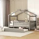 Full Size House Bed with Trundle, Wood Full Bed Frame with Roof and Fence-Shaped Guardrail, Montessori Bed for Teens, Boys or Girls, Grey