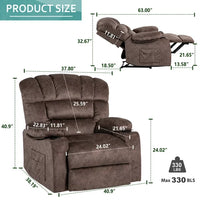 Oversized Recliner Chair for Adults, Large Single Sofa Recliners with Heat and Massage for Elderly Velvet Modern Reclining Sofa Chair with Cup Holders, Remote Control, 90°-150° Adjustable, Brown