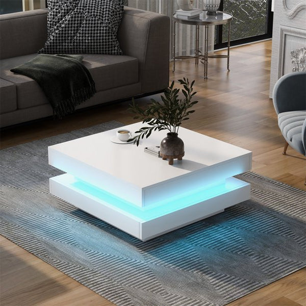 LED Coffee Table,High Gloss End Table with 16-Color LED Lights,2-Tier Square Coffee Table with A Remote Control,Minimalist Design Center Table for Living Room Office,31.5"x31.5"x14.2",White