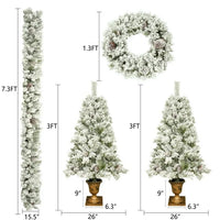 Pre-lit Xmas Tree Artificial Christmas 4-Piece Set, include Christmas Garland, Wreath and Set of 2 Entrance Trees X-mas with LED Lights, Artificial Christmas Tree Celebrating Set, Easy Assembly, Green
