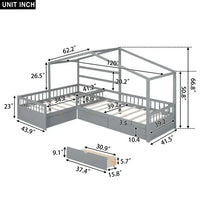 Twin Size L-Shaped Wood House Platform Bed with Storage Drawers, Wooden Double Beds Kids Montessori House Bed with Fence & Roof, Wood Tent Cabin Beds Frame for Girls Boys Teens, (Gray-L-Shaped)