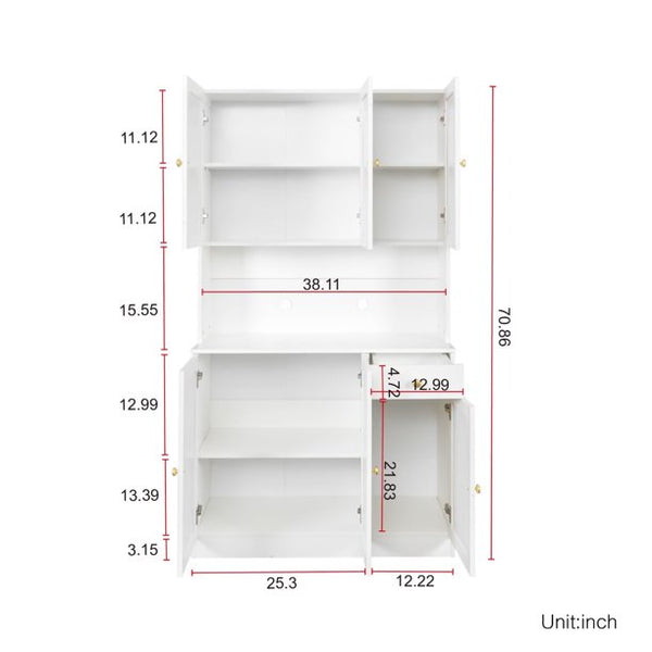Freestanding Kitchen Pantry Cabinet Cupboard with 6 Doors, 1 Shelf and 1 Drawer, Wardrobe & Kitchen Cabinet, Craft Storage Cabinet for Bedroom Entryway Kitchen, 39.37”W x 15.35” D x 70.87”H, White