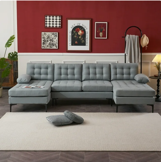 110" Button Tufted Sectional Sofa,4-Seater Modular U-Shape Sofa Couch,Linen Fabric Upholstered Sofa with Double Chaises & Metal Legs,for Living Room,Office,Apartment,Light Gray