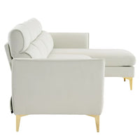 L-Shaped Sectional Sofa with Footstool, Plaid Fleece 4 Seat Sofa Couch with Chaise Lounge and Electroplated Gold Triple Leg, Indoor Modular Sofa for Living Room Office Guestroom, 282*142*88cm