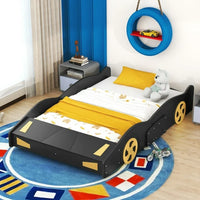 Full Size Race Car-Shaped Platform Bed for Kids, Solid Wood Platform Bed Frame with Wheels and Storage, Sturdy Car Bed with Full-Length Guardrails for Kids Boys and Girls, Space Saving Design, Black