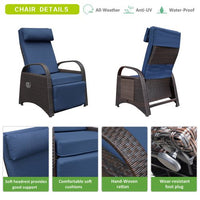 Patio Lounge Chair, PE Wicker Adjustable Outdoor Recliner Chair with Flip-Up Side Table, Reclining Chair with Removable Soft Cushion, for Garden Backyard Poolside,Blue