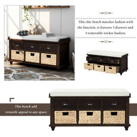 Rustic Storage Bench with 3 Drawers and 3 Rattan Baskets, Shoe Bench for Living Room, Entryway, Removable Linen Blend Cushion (Espresso)