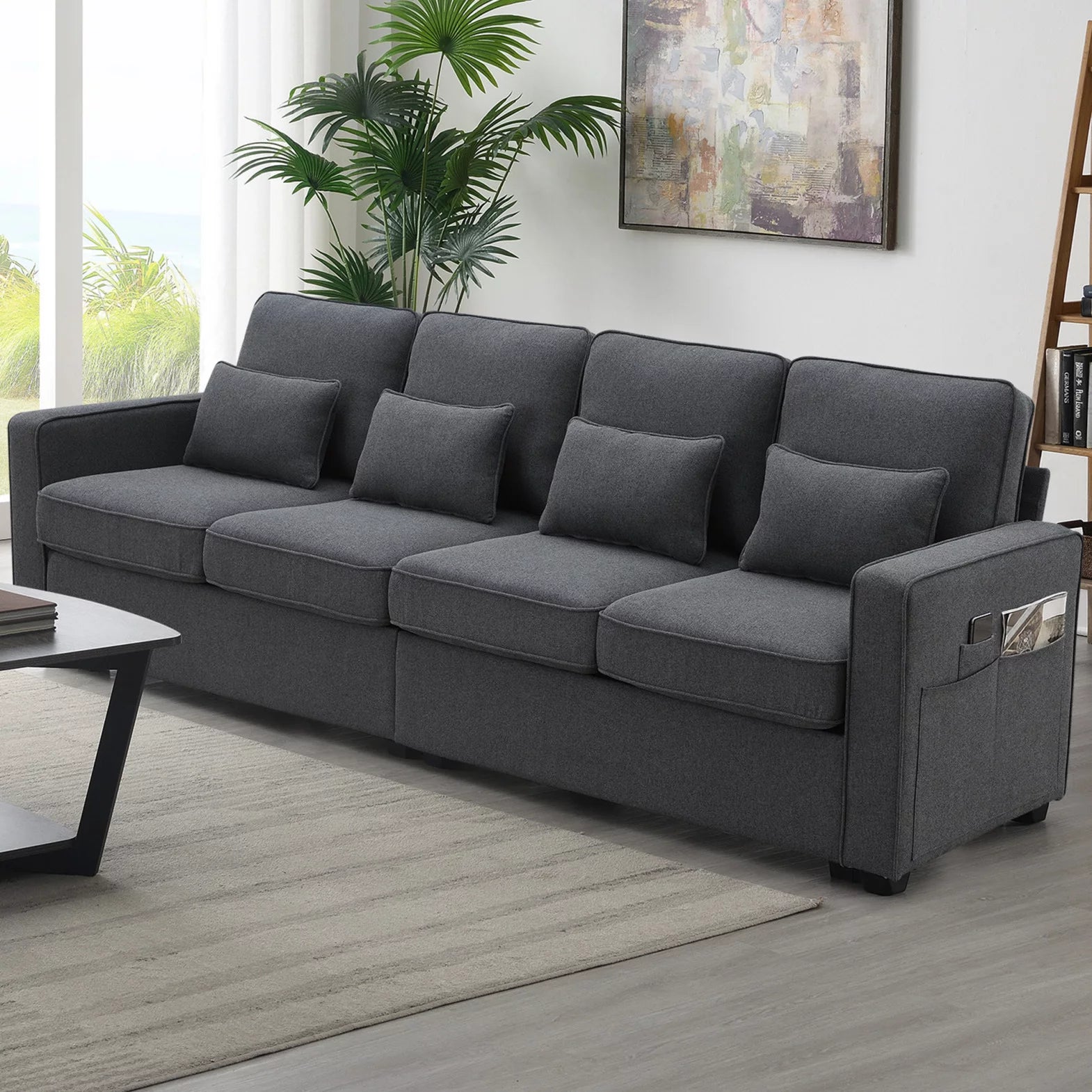 104" Accent Sofa, Modern Linen Fabric Upholstered 4-Seater Sofa with Armrest Pockets and 4 Pillows, Minimalist Style Sofa Couch with Plastic Legs for Living Room, Apartment, Office, Dark Grey