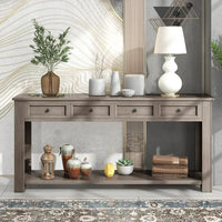 64"Long Console Table, Narrow Sofa Table with 4 Storage Drawers&Bottom Shelf, Storage Console Table, Classic Accent Retro Entryway Sofa Table for Entryway,Hallway, Livingroom, Gray Wash