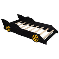 Twin Size Race Car-Shaped Platform Bed with Wheels, Wood Platform Bed with Wood Slats Support, Floor Bed for Kids Boys Girls, No Box Spring Required, Black+Yellow
