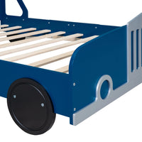 Full Size Car-Shaped Platform Bed, Modern Kids Bed with Wheels Rails, No Box Spring Required Fit 6" Mattress 400Lbs Load 77.2"L x 55.9"W x 29.9"H, Blue