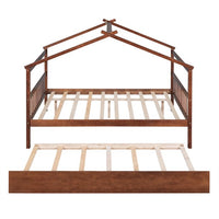 Full House Bed with Twin Size Trundle Bed,House Bed for Kids with Support Legs,Wooden Kids House Full Bed Frame for Toddlers,Kids,Teens.No Box Spring Needed,Walnut