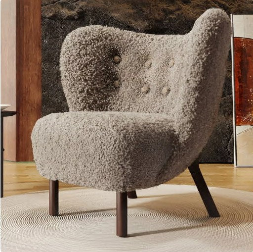 Modern Accent Chair with Wingback, Lambskin Sherpa Tufted Side Chair with Solid Wood Legs, Comfy Leisure Single Sofa Chair with Thicked Upholstered, Velvet Armchair for Bedroom Living Room,Light Brown