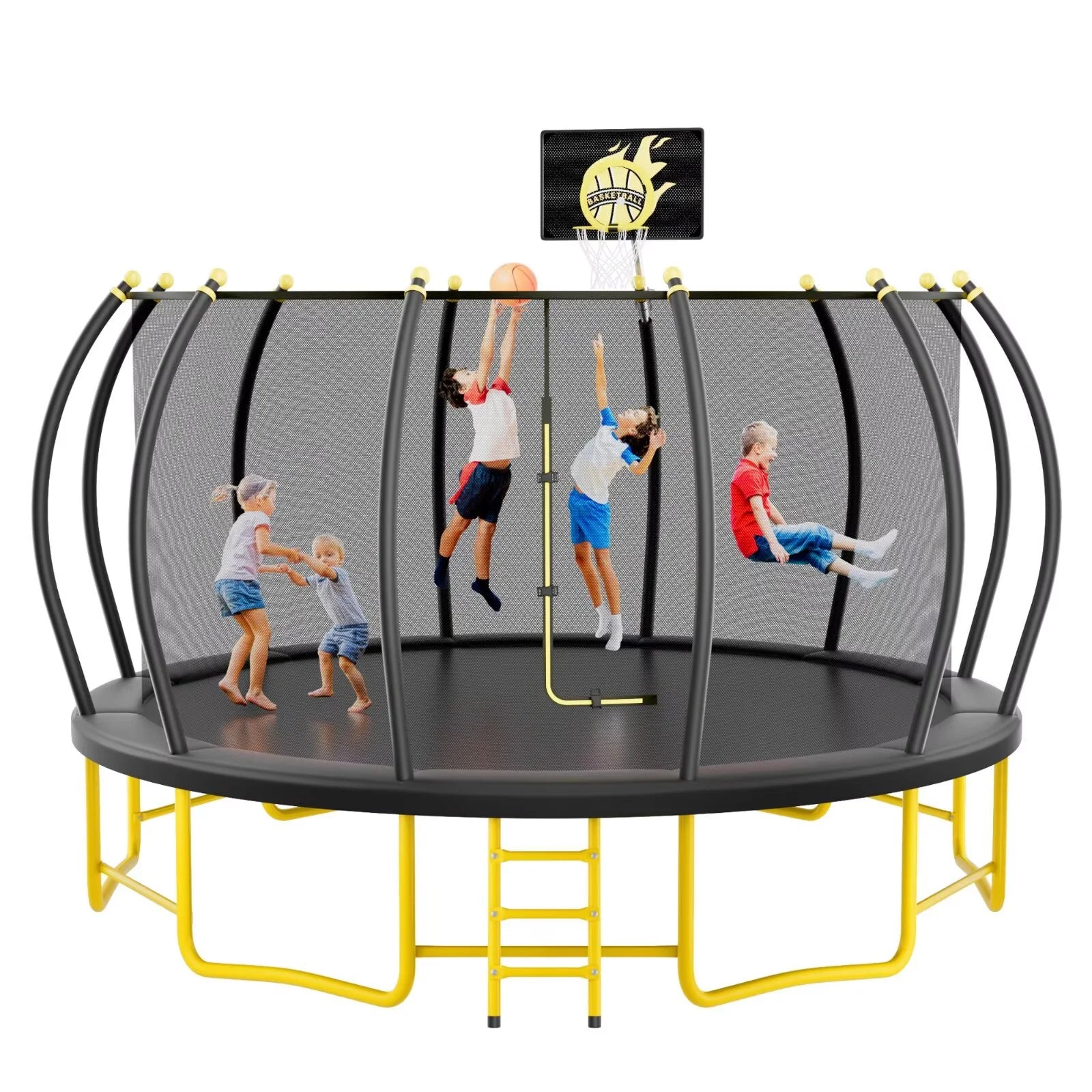 1100LBS 16FT Trampoline for Kids & Adults, Recreational Trampoline with Basketball Hoop and Balance Bar, Enclosure Net, Ladder & Curved Poles, Combo Bounce Outdoor Pumpkin Trampoline