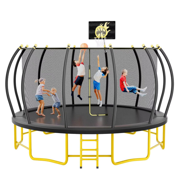 1100LBS 16FT Trampoline for Kids & Adults, Recreational Trampoline with Basketball Hoop and Balance Bar, Enclosure Net, Ladder & Curved Poles, Combo Bounce Outdoor Pumpkin Trampoline