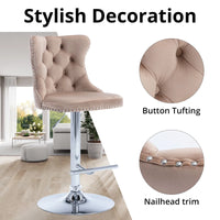 Swivel Velvet Barstools Set of 2, Upholstered Bar Stools with Backs Comfortable Tufted & Nailheads, 25-33'' Height Adjustable Counter Height Bar Chairs Seat for Home Pub Kitchen Island, khaki + Sliver