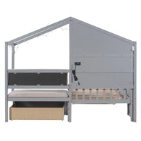 Kids Twin Size House Bed with Upholstered Bench, Wood House Bed with Shelves and Drawers, Playhouse Platform Bed Frame with Charging Station and Sparkling Light for Boys Girls Teens, Gray