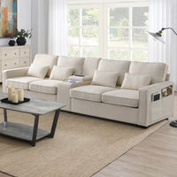 114.2" Upholstered 4-Seat Sofa Couch with Console Table, Storage and Charging Function, Modern Linen Oversized Deep Couch, Comfy Sofa Couch for Living Room, Office, Beige