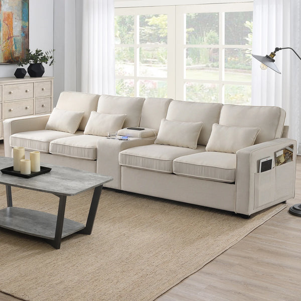 114.2" Upholstered 4-Seat Sofa Couch with Console Table, Storage and Charging Function, Modern Linen Oversized Deep Couch, Comfy Sofa Couch for Living Room, Office, Beige