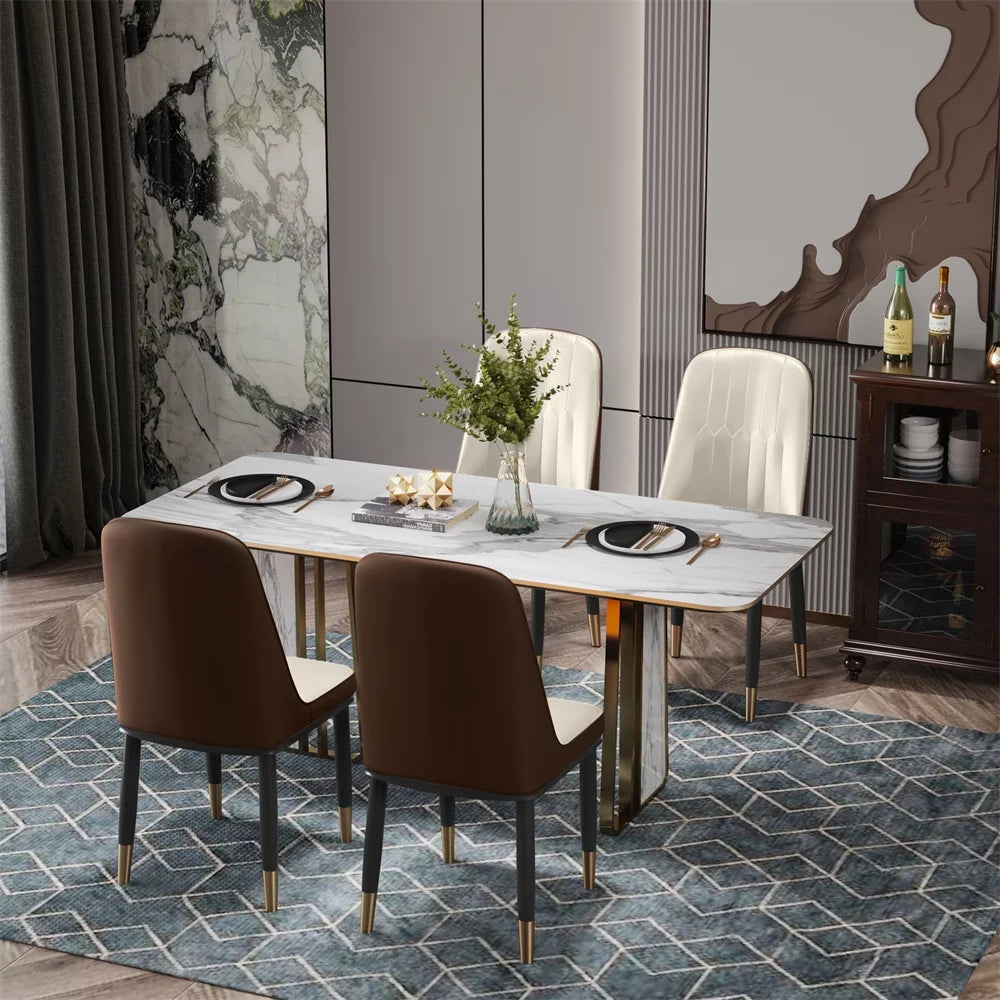 Dining Chair Set of 4, Modern PU Leather Upholstered Dining Room Chairs with High Back and Metal Gold Plated Legs Comfy Accent Chair Breakfast Chairs for Living Room Kitchen Island Bedroom Beige+Brown