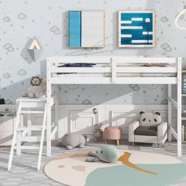 Twin Loft Bed with Guardrail,Loft Bed Frame with Platform and Ladder,Twin Bed for Kids Boys Girls,White