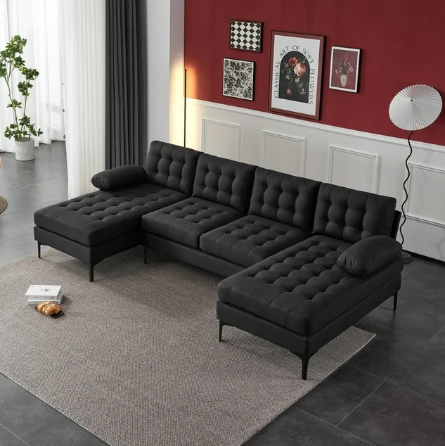 110" Button Tufted Sectional Sofa,4-Seater Modular U-Shape Sofa Couch,Linen Fabric Upholstered Sofa with Double Chaises & Metal Legs,for Living Room,Office,Apartment,Black