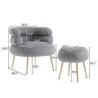 Accent Chair with Round Ottoman, Upholstered Velvet Indoor Armchair with Metal Frame, Single Tufted Leisure Chairs with Footrest Stool for Living Room Bedroom Office