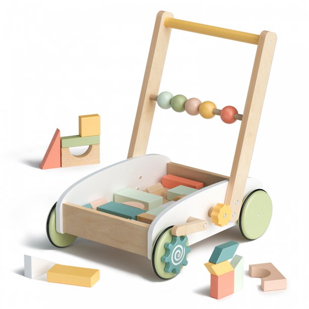 Triple Tree Baby Toddler Walker Trolley with Building Blocks, Kids Push Cart Toys Playset with Non-slip Rubber Wheels and Counting Ball, Best Kids Gift, Colorful Design