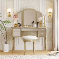 43" Luxury Dressing Table Set, Mid-centery Dresser with Tri-fold Mirror, 5 Drawers, Stool, Baroco Style Makeup Vanity Set for Bedroom, Living Room, Gold