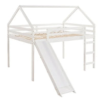 Full Size Loft Bed with Slide, House Shaped Loft Bed Frame with Guardrail and Ladder for Kids Teens Adults, Morden Solid Wood Low Loft Bed Frame with Roof for Bedroom, Can be Decorated, White