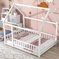 Full Size House Bed for Children,Solid Wood Floor Bed Frame with Fence Guardrails and Roof Montessori Bed,Playhouse Bed for Children Girls and Boys,White(No Bed Slats)