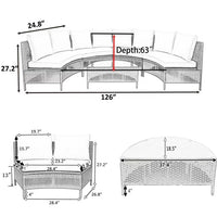 Outdoor 5-Piece Half-Moon Sectional Furniture Set, Patio Curved Sofa Set, All-Weather PE Rattan Wicker Conversation Set with Tempered Glass Table 8 Pillows 4 Cushions for Garden Backyards Pools, Gray