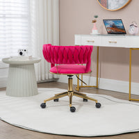 Home Office Desk Armchair with Wheels, Comfy Velvet Upholstered Accent Vanity Chair with Gold Base, Adjustable Hight Swivel Task Computer Chair for Living Room, Bedroom, Rose Red