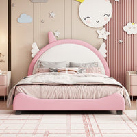 Full Size PU Leather Upholstered Princess Bed, Platform Bed Frame with Unicorn Shape Headboard and Footboard for Kids, Low Full Bed Frame for Girls, Teens, Adult