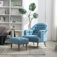 Accent Chair with Ottoman Set,Button-Tufted Upholstered Chair Set,Mid-Century Sofa Chair Reading Chair with Solid Wood Legs,Linen Fabric Arm Chair Single Sofa Chair for Living Room Bedroom,Blue