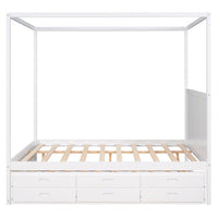 Queen Size Platform Bed, Wood Canopy Platform Bed with Trundle and Storage Drawers, Wood 4-Poster Bed with Headboard for Adults Kids Teens, Space Saving Bed Frame, Bed Frame Bedroom Furniture, White