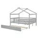 Full Size House Bed with Trundle, Wood Full Bed Frame with Roof and Fence-Shaped Guardrail, Montessori Bed for Teens, Boys or Girls, Grey