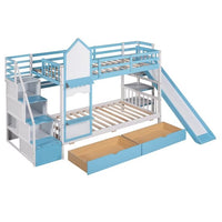 Wood Bunk Bed, Twin-Over-Twin Castle Style Bunk Bed with 2 Drawers and 3 Shelves, Playhouse Inspired Bunk Bed with Slide and Storage Staircase, No Box Spring Needed, Blue