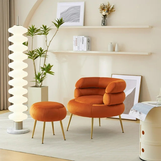 Velvet Barrel Chair, Upholstered Club Chair with Ottoman, Golden Legs, and Round Armrest, Accent Chair for Living Room, Bedroom, Weight Capacity 500 Pounds, Orange