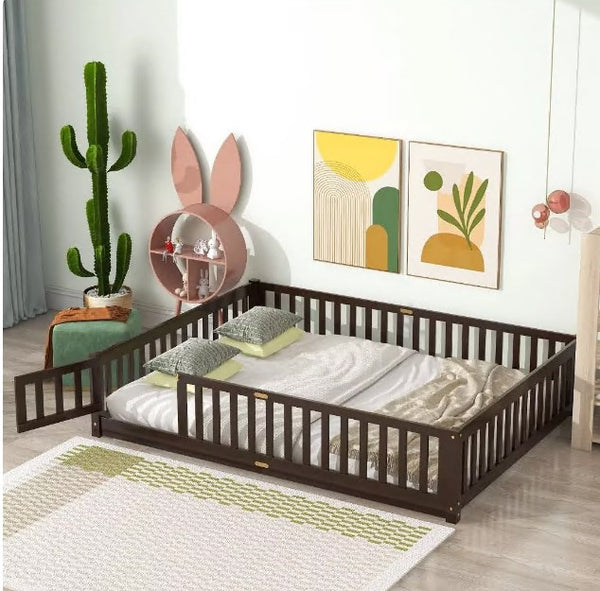 Queen Floor Bed Frame for Toddler, Montessori Floor Bed with Fence and Wood Slats, Low Wood Platform Beds for Girls Boys Kids Happy Time,Espresso