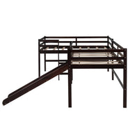 L-Shaped Loft Bed with Slide, Twin Size Low Loft Bed Frame with 2 Built-in Ladders and Full-length Guardrail Multifunctional Loft Bed Perfect for Boys Girls Noise Free, No Box Spring Needed, Espresso
