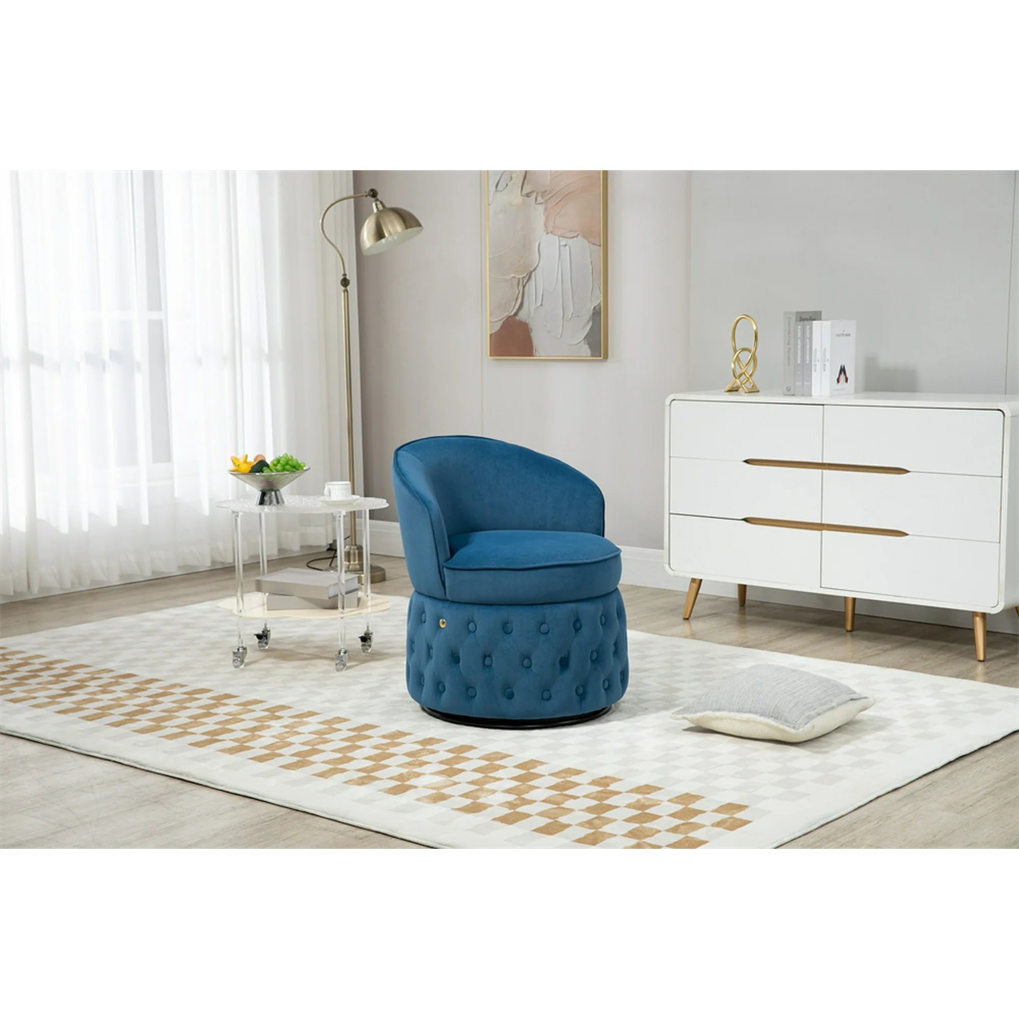 Swivel Accent Barrel Chair, Modern Round Barrel Chair with with 360 Degree Swiveling Metal Base Comfy Single Leisure Sofa Chair Reading Chair with Curved Back for Living Room Bedroom Office Light Blue