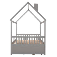 Full Size House Bed with Trundle and 3 Storage Drawers, Captain's Beds with Roof, Wooden Storage Daybed Frame for Kids Teens Boys Girls, Gray